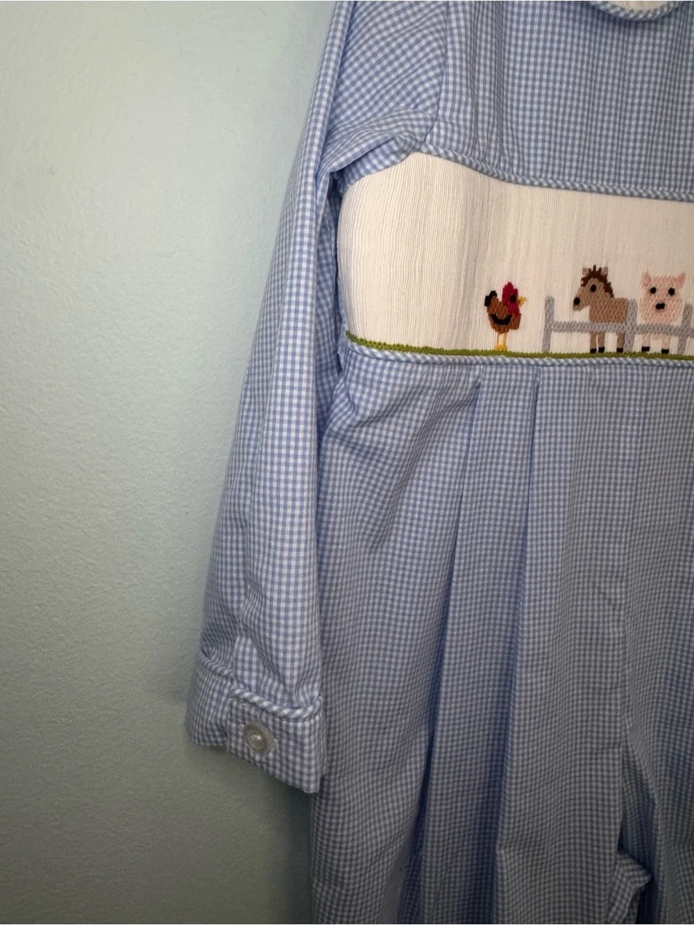 Stitchy Fish Blue Gingham Smocked Farm Animal Longall Romper Boys Size 3T